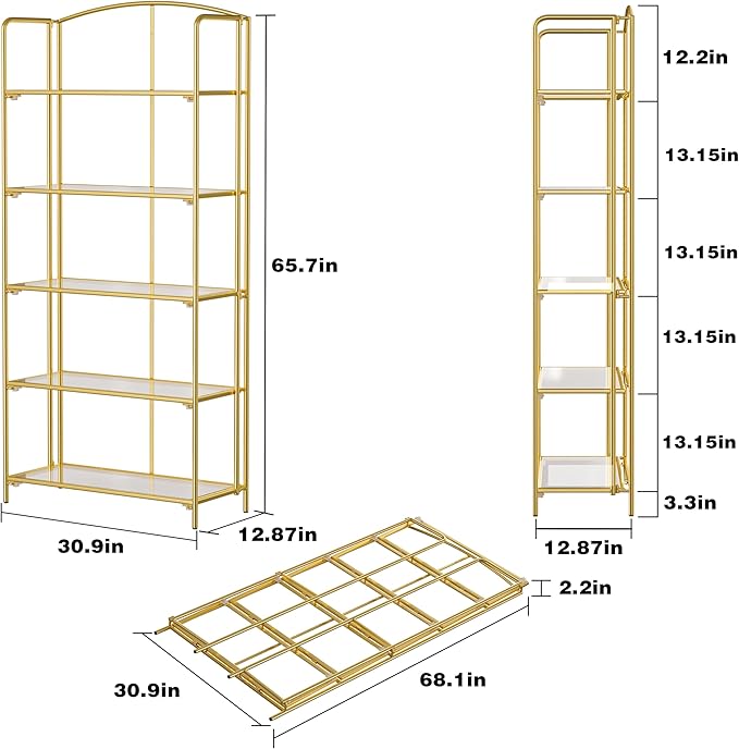 No Assembly Folding Bookshelf for Living Room, 5 Tier Gold Collapsible Book Shelf for Home Office, Portable Bookcase Storage Organizer - LeafyLoom