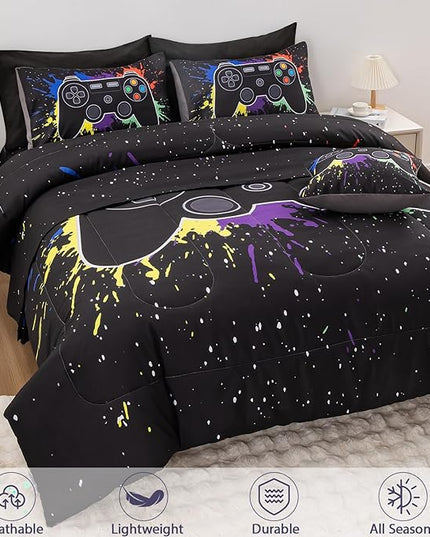 8Pcs Gamer Comforter Set with Sheets for Boys Girls Kids Teens, Colorful Graffiti Gaming Themed Bed in A Bag Queen Size, Black 3D Video Game Controller Bedroom Decor Bedding Set-Black - LeafyLoom