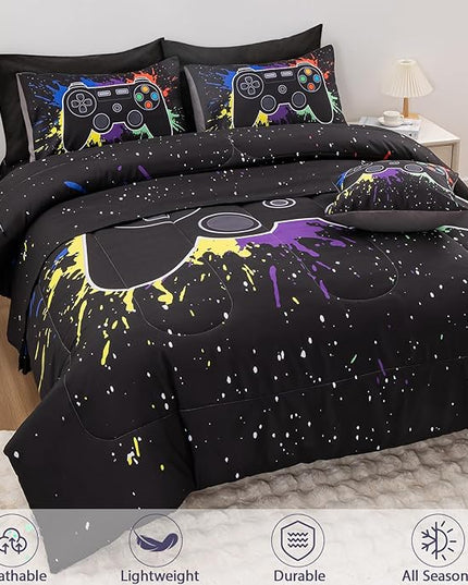 8Pcs Gamer Comforter Set with Sheets for Boys Girls Kids Teens, Colorful Graffiti Gaming Themed Bed in A Bag Twin Size, Black 3D Video Game Controller Bedroom Decor Bedding Set-Black - LeafyLoom