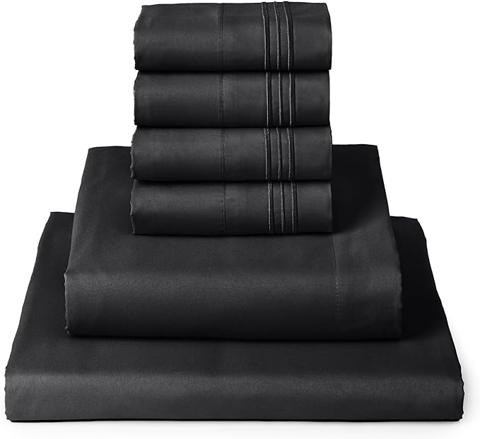 Mellanni Queen Sheets Set - 6 PC Iconic Collection Bedding Sheets & Pillowcases - Hotel Luxury, Ultra Soft, Cooling Bed Sheets - Deep Pocket up to 16 inch - 6 PC (Queen, Black w/Extra Pillow Cases) - LeafyLoom