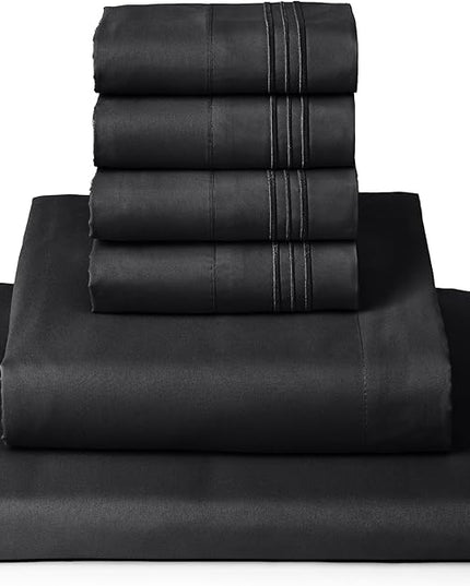 Mellanni California King Sheets Set - 6 PC Iconic Collection Bedding Sheets & Pillowcases - Ultra Soft, Cooling Bed Sheets - Deep Pocket up to 16 inch - 6 PC (Cal King, Black w/Extra Pillow Cases) - LeafyLoom