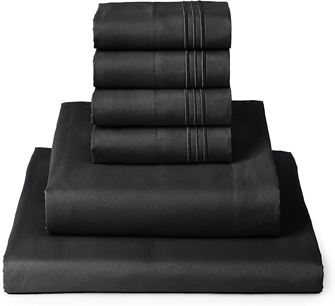 Mellanni California King Sheets Set - 6 PC Iconic Collection Bedding Sheets & Pillowcases - Ultra Soft, Cooling Bed Sheets - Deep Pocket up to 16 inch - 6 PC (Cal King, Black w/Extra Pillow Cases) - LeafyLoom