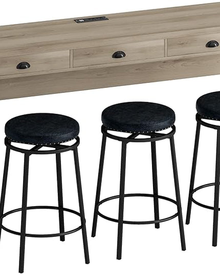 NicBex Modern Dining Table Counter Height Dining Table Set 3-Drawer Long Dining Table Set, Bar Kitchen Table Set with Circular Pu Stools for Dining Room, Easy Assemble, Brown Gray Table+Black Stool - LeafyLoom