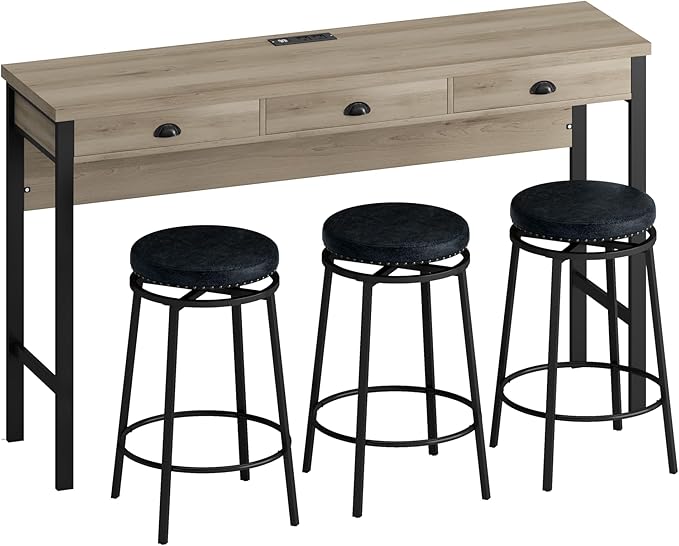 NicBex Modern Dining Table Counter Height Dining Table Set 3-Drawer Long Dining Table Set, Bar Kitchen Table Set with Circular Pu Stools for Dining Room, Easy Assemble, Brown Gray Table+Black Stool - LeafyLoom