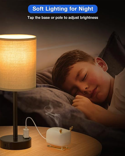 Innqoo Grey Touch Bedroom Lamps Set - 3 Way Dimmable Bedside Lamps with USB C and A Ports and Outlets, Nightstand Lamps with Black Base, Small Lamps for Nursery Office - LeafyLoom
