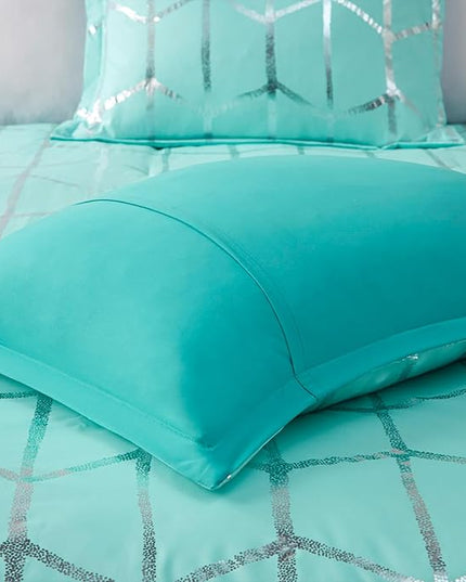 Intelligent Design Raina Twin / Twin XL Comforter Set, Soft Microfiber Comforter Set Twin, Modern Geometric Metallic Bed Set, 4 Pieces College Bedding Comforter Set with 1 Sham, 2 Toss Pillows Aqua - LeafyLoom