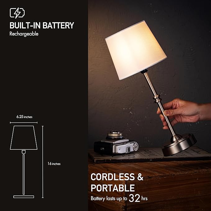 O’Bright Seraph - Cordless LED Table Lamp with Dimmer, Built-in Rechargeable Battery, 3-Level Brightness, Patio Table Lamp, Bedside Night Lamp, Ambient Light for Restaurant, Brushed Nickel - LeafyLoom