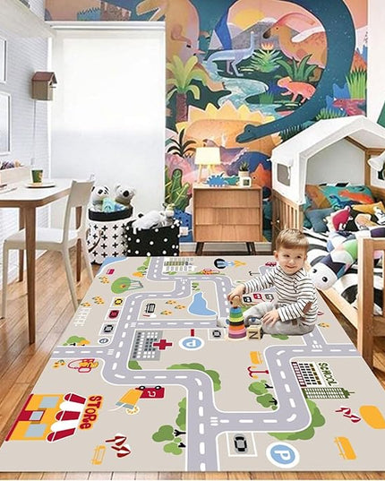 kid rug carpet playmat for toy cars and trains,road traffic kids play area rug,city Life town play Mat for Playroom Bedroom Boys,Children's Educational Fun Throw Rug with Rubber Backing 71X106IN - LeafyLoom