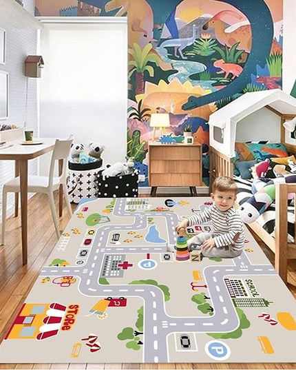 kid rug carpet playmat for toy cars and trains,road traffic kids play area rug,city Life town play Mat for Playroom Bedroom Boys,Children's Educational Fun Throw Rug with Rubber Backing 55X79IN - LeafyLoom