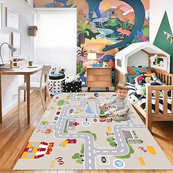 kid rug carpet playmat for toy cars and trains,road traffic kids play area rug,city Life town play Mat for Playroom Bedroom Boys,Children's Educational Fun Throw Rug with Rubber Backing 55X79IN - LeafyLoom