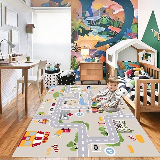 kid rug carpet playmat for toy cars and trains,road traffic kids play area rug,city Life town play Mat for Playroom Bedroom Boys,Children's Educational Fun Throw Rug with Rubber Backing 31X71IN - LeafyLoom
