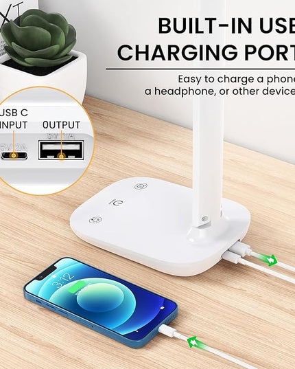 LED Desk Lamp, BSRANE Dimmable Table Lamp with USB Charging Port, 5 Colors & 15%-100% Stepless Dimming, Sensitive Control Memory Function, Eye-Caring Desk Lamp for Reading Bedroom Bedside Study Office - LeafyLoom