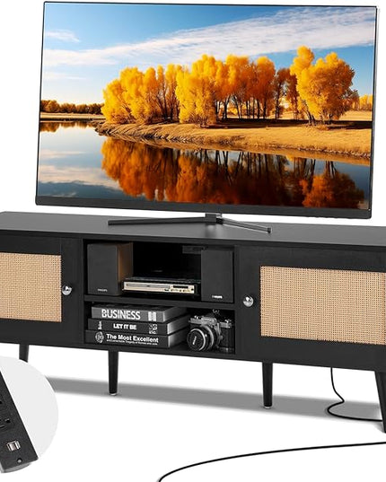 VEVOR Rattan TV Stand for 65 inch TV, Boho TV Stand with Rattan Door, Entertainment Center with Build-in Socket and USB Ports, Modern TV Console for Living Room, Media Room, Black - LeafyLoom