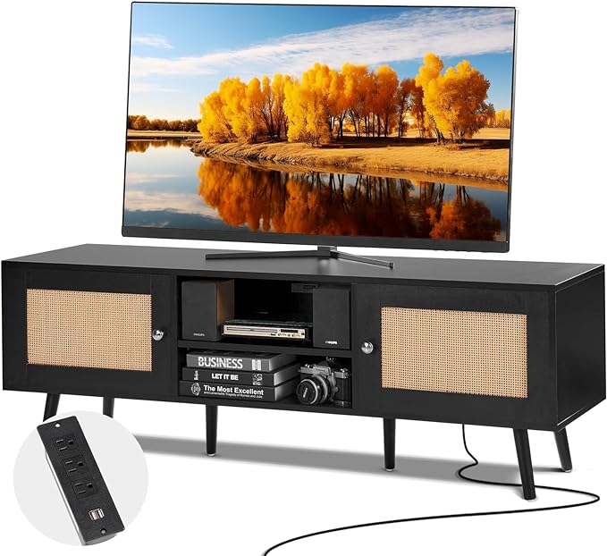 VEVOR Rattan TV Stand for 65 inch TV, Boho TV Stand with Rattan Door, Entertainment Center with Build-in Socket and USB Ports, Modern TV Console for Living Room, Media Room, Black - LeafyLoom