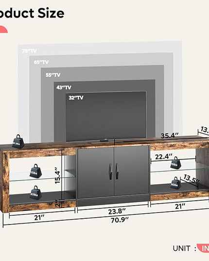 Bestier 70 Inch Led TV Stand for 75 Inch TV Large Entertainment Center Gaming with Adjustable Glass Shelves Two Cabinets Modern TV Console for Living Room 22 RGB Modes, Rustic Brown - LeafyLoom