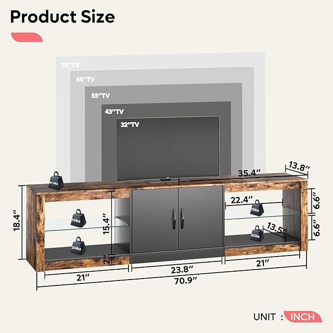 Bestier 70 Inch Led TV Stand for 75 Inch TV Large Entertainment Center Gaming with Adjustable Glass Shelves Two Cabinets Modern TV Console for Living Room 22 RGB Modes, Rustic Brown - LeafyLoom