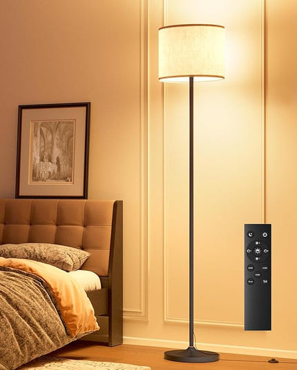 LED Floor Lamp for Living Room,Dimmable Standing Lamps with Lampshade and LED Bulb,Custom Color Temperature Tall Lamp for Bedroom with Foot Switch and Remote,Black Pole Lamp for Kid Room - LeafyLoom