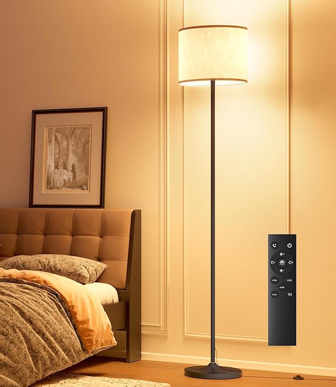 LED Floor Lamp for Living Room,Dimmable Standing Lamps with Lampshade and LED Bulb,Custom Color Temperature Tall Lamp for Bedroom with Foot Switch and Remote,Black Pole Lamp for Kid Room - LeafyLoom