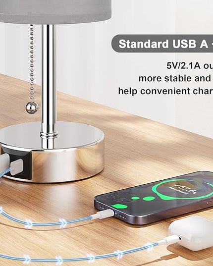 Grey Table Bedside Lamp for Bedroom Nightstand - Small Silver Lamp with USB A + C Charging Port, 3 Color Temperatures Pull Chain Night Stand Light with Bulb, Side Table Desk Lamp for Living Room - LeafyLoom