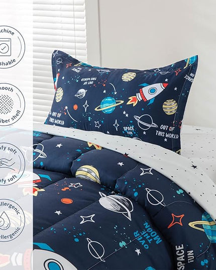 Planet Twin Comforter Set for Boys Girls 4-Piece Rocket Kids Bedding Sets Galaxy Space Stars Bedroom Decor - Include Reversible Comforter, Flat Sheet, Fitted Sheet and Pillowcase - LeafyLoom