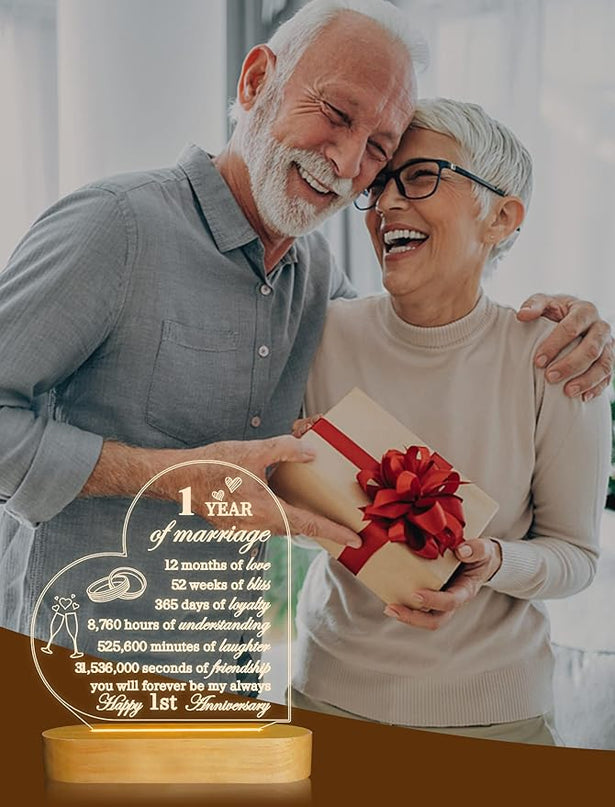 FULLOSUN Happy Anniversary Wedding Gift, Anniversary Wedding Gifts, Wedding Gift for Couple, Warm Night Light for Wife Husband Romantic Valentine's Day (Customized Anniversary) - LeafyLoom