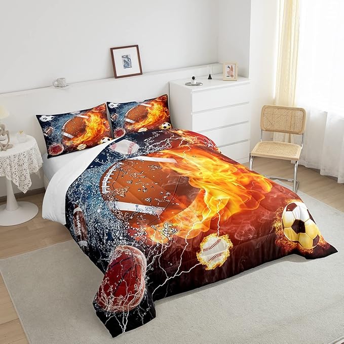 Erosebridal Football Comforter Twin Rugby Sports Bedding Set for Teen Boys Girls Kids,Soccer Basketball Baseball Comforter Red Blue Water Fire Lightning Quilt Duvet Insert Bedroom Decor 1 Pillow Case - LeafyLoom
