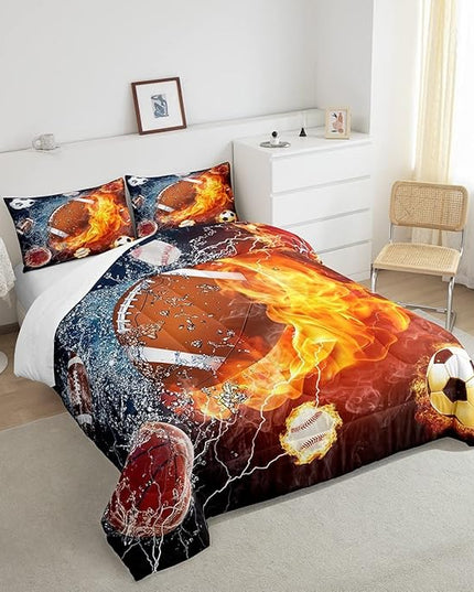 Erosebridal Football Comforter Set King Rugby Sports Bedding Set for Teen Boys Kids,Soccer Basketball Baseball Comforter Red Blue Water Fire Lightning Quilt Duvet Insert Bedroom Decor 2 Pillow Cases - LeafyLoom