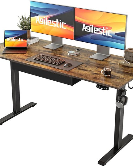 Adjustable Height Electric Standing Desk with Storage Wooden Drawer, 55 x 24 Inches Stand Up Home Office Computer Gaming Table for Work Office Home, Rustic Brown - LeafyLoom