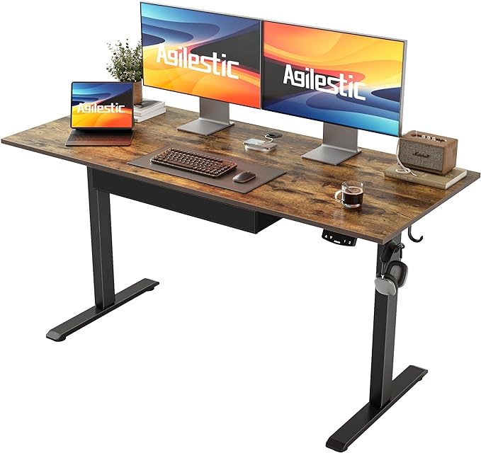 Adjustable Height Electric Standing Desk with Storage Wooden Drawer, 55 x 24 Inches Stand Up Home Office Computer Gaming Table for Work Office Home, Rustic Brown - LeafyLoom
