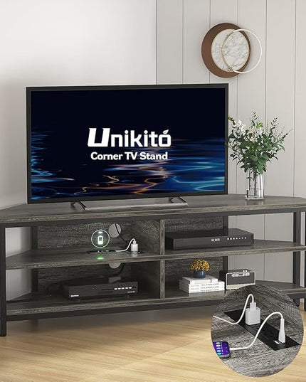 Unikito Corner TV Stand with Power Outlet, Corner Entertainment Center Media TV Console Table with 4 Open Storage Cabinet Shelve Wood TV Stand for Living Room For 55 inch TV, Gray Oak - LeafyLoom