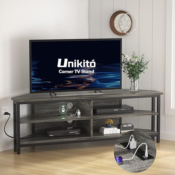 Unikito Corner TV Stand with Power Outlet, Corner Entertainment Center Media TV Console Table with 4 Open Storage Cabinet Shelve Wood TV Stand for Living Room For 55 inch TV, Gray Oak - LeafyLoom