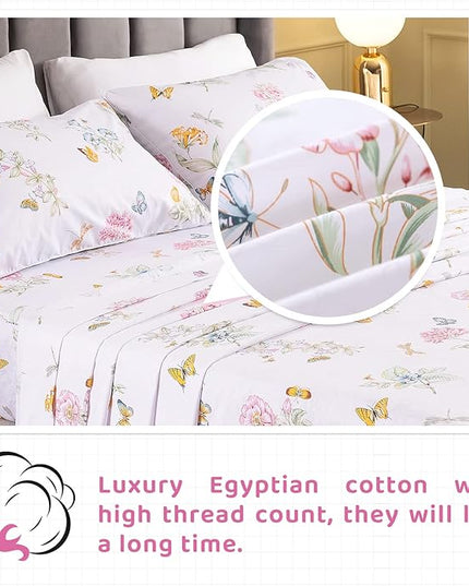 QSH Floral Queen Size Sheet Sets - Flower Butterfly Print Pattern Egyptian Cotton Printed Bedding Sheets Queen Size Bed Extra Soft and Breathable 4pcs Deep Pockets Bed Sheets - LeafyLoom