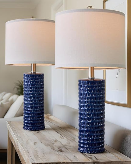 PORTRES 24.75" Modern Accent Ceramic Table Lamp Set of 2 for Bedroom Blue Desk Decor Bedside Lamps for Living Room Study Room Office Dorm Farmhouse Nightstand Lamp End Table Lamps - LeafyLoom