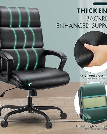 Leather Office Chair, Bonded Leather Executive Computer Chair, High Back Desk Chair with Padded Armrest, Thickened Cushion, Swivel Chair for Home, Meeting, Conference - Black - LeafyLoom