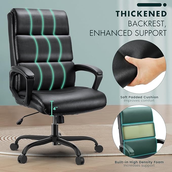 Leather Office Chair, Bonded Leather Executive Computer Chair, High Back Desk Chair with Padded Armrest, Thickened Cushion, Swivel Chair for Home, Meeting, Conference - Black - LeafyLoom