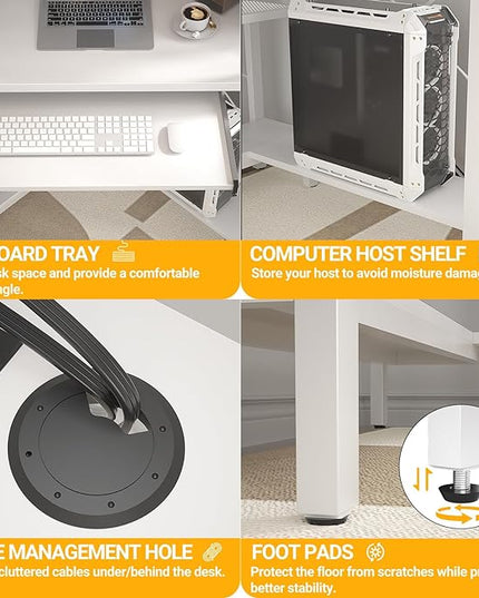Cyclysio Small Corner Desk with Hutch, Corner Gaming Desk with LED Light & Power Outlets, Computer Desk with Keyboard Tray, Triangel Desk for Small Space, Home Office, Workstation, White - LeafyLoom