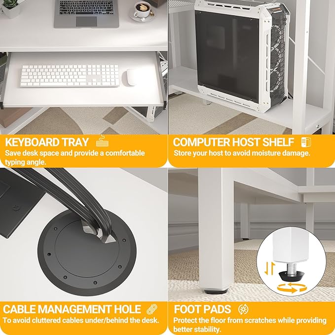 Cyclysio Small Corner Desk with Hutch, Corner Gaming Desk with LED Light & Power Outlets, Computer Desk with Keyboard Tray, Triangel Desk for Small Space, Home Office, Workstation, White - LeafyLoom