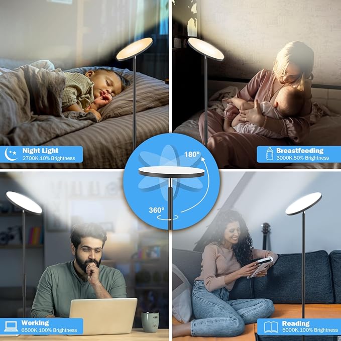 LED Floor Lamp, 3000LM 30W Super Bright Standing Lamp, 300W Equivalent Modern Torchiere Sky Lamp, 2700K-6500K Stepless Dimming with Remote & Touch Control, 69" Tall Lamp for Living Room Bedroom Office - LeafyLoom