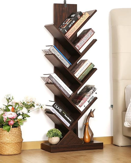 8 Tier Tree Bookshelf, 8 Shelf Open Book Case, Sturdy Tree Bookcase, Narrow Book Organizer Shelves for Bedroom, Living Room, Home Office, Dark Brown, w/Wall Anchor, 15.9"x8.1"x47.6" - LeafyLoom