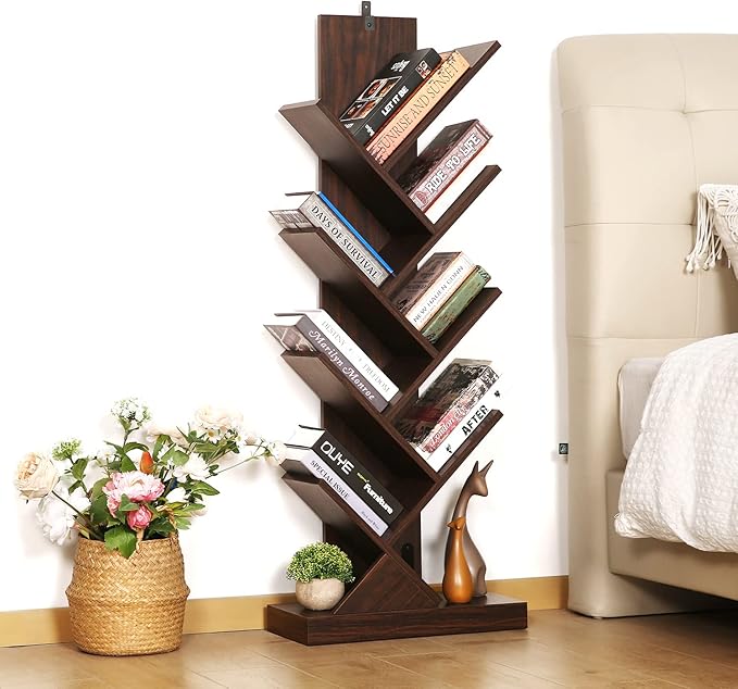 8 Tier Tree Bookshelf, 8 Shelf Open Book Case, Sturdy Tree Bookcase, Narrow Book Organizer Shelves for Bedroom, Living Room, Home Office, Dark Brown, w/Wall Anchor, 15.9"x8.1"x47.6" - LeafyLoom