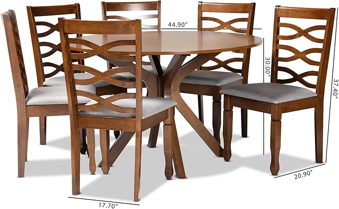 Baxton Studio Mila Modern and Contemporary Grey Fabric Upholstered and Walnut Brown Finished Wood 7-Piece Dining Set - LeafyLoom