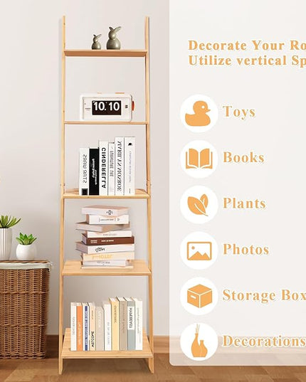 HYNAWIN Ladder Shelf Bookcase,5-Tier Bamboo Storage Rack Shelves Wall Leaning Shelf Unit,FreeStanding Plant Stand, Corner Display Shelves for Living Room, Bathroom, Kitchen, Office(65in) - LeafyLoom