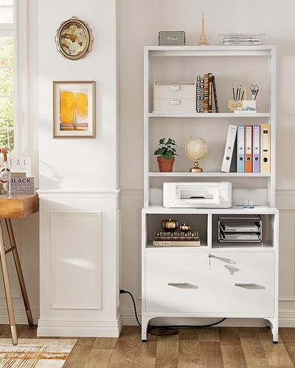 Homieasy File Cabinet with Charging Station, Vertical Filing Cabinet with Lock & Large Drawer, Printer Stand with Storage Shelves, Office Storage Cabinet fits Letter/A4/Legal Size, White - LeafyLoom