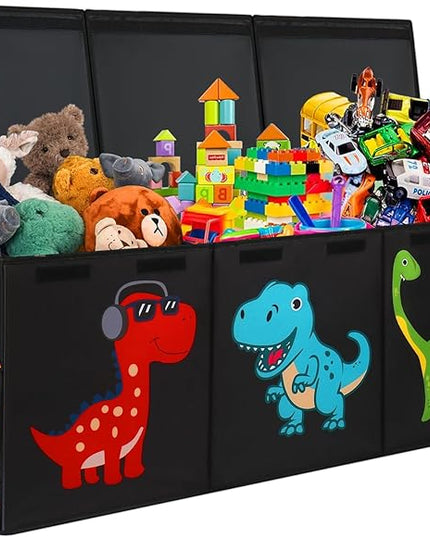 Extra Large Toy Box, Collapsible Sturdy Toy Storage Organizer with Lids, Dinosaur Toy Box for Boys Girls, 41"x14"x16" Kids Toy Chest Bin Box Baskets for Living Room, Playroom, Bedroom, Nursery, Black - LeafyLoom