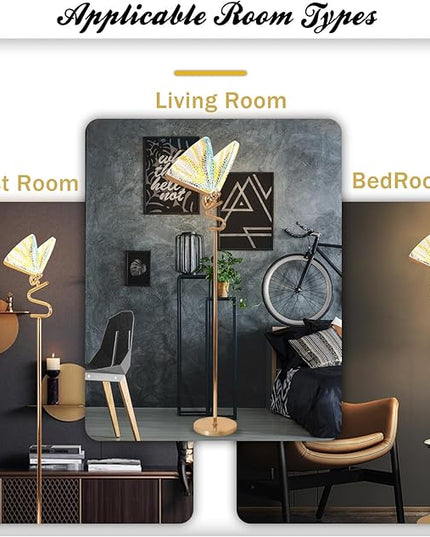 O'NEELDY Gold Butterfly, Decorative Goose Neck Design, 12W LED Standing Tall Lamp for Living Room, 4000K Warm White Energy-Saving Modern Floor Lamp for Bedroom Office, Acrylic - LeafyLoom