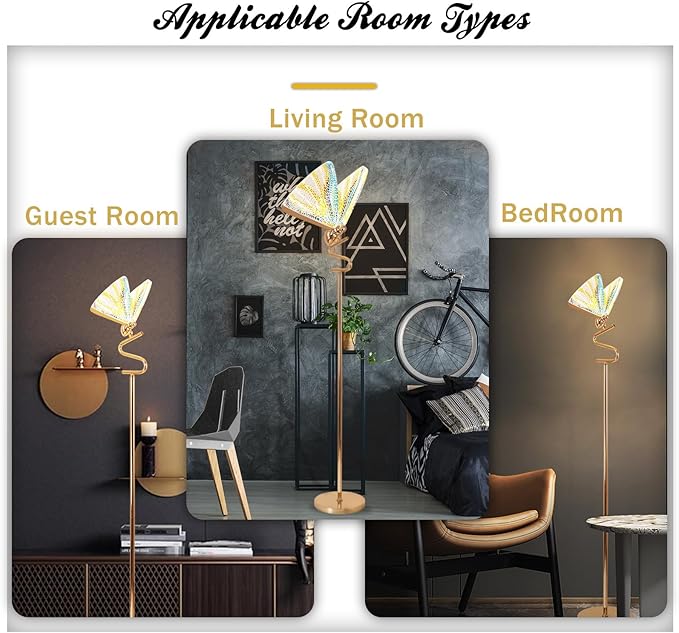 O'NEELDY Gold Butterfly, Decorative Goose Neck Design, 12W LED Standing Tall Lamp for Living Room, 4000K Warm White Energy-Saving Modern Floor Lamp for Bedroom Office, Acrylic - LeafyLoom