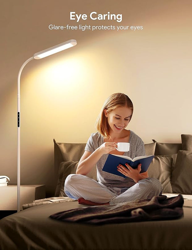 MediAcous Floor Lamp, LED Floor Lamp with Remote, 5 Colors & 5 Brightness & Stepless Adjustable Standing Lamp Work with Wall Switch,1H Timer, Memory Function, Gooseneck for Living Room Bedroom, White - LeafyLoom