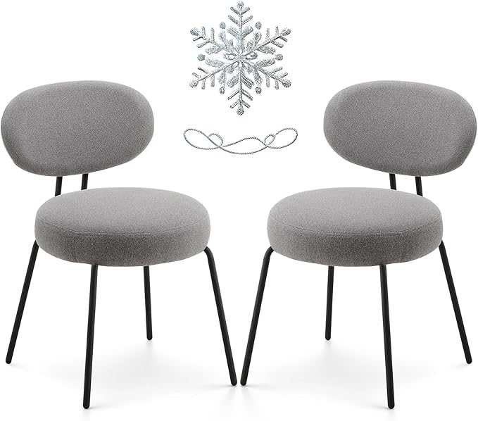 COLAMY Modern Fabric Dining Chairs Set of 2, Mid Centry Upholstered Dining Room Kitchen Chairs with Curved Backrest, Round Seat, Black Metal Legs, Grey - LeafyLoom