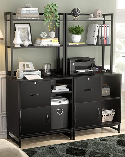 Homieasy Vertical Filing Cabinet with Lock & Charging Station, Large Drawer Wood File Cabinet with Bookshelf, Printer Stand with Open Storage Shelf, fits Letter Size for Home Office, Black - LeafyLoom