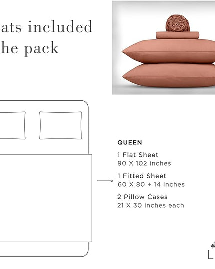 Linen Home Washed Cotton Percale Queen Sheet Set, Tera Clay, Deep Pocket, 4 Pieces Bed Sheets - 1 Flat Sheet, 1 Fitted Sheet & 2 Envelope Closure Pillowcases, Cool and Comfortable Bed Linen - LeafyLoom